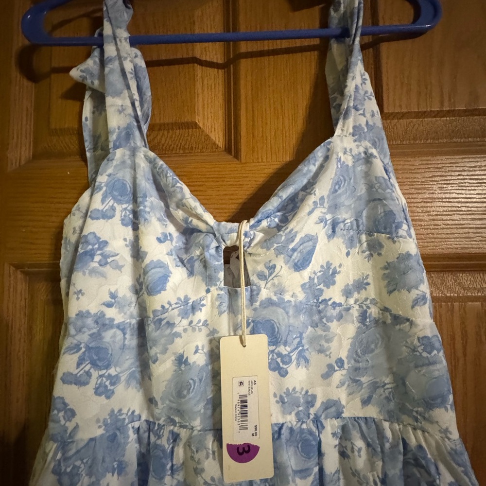 Altar'd State Blue and White Floral Tiered Maxi Dress with Tie Straps - Picture 3 of 14